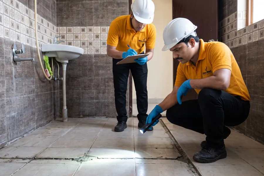 Two Ultra Max technicians inspecting a failed bathroom threshold with a torch
