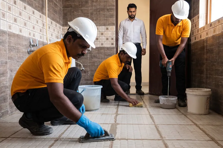 Technicians pressing epoxy grout into the joints with floats while a supervisor checks the work