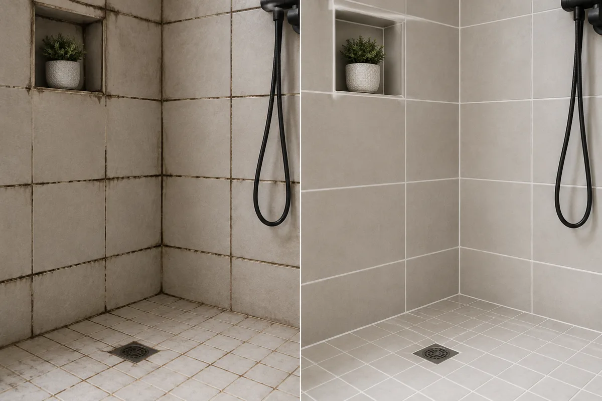 The same shower before and after: tile joints blackened with mould on the left, cleanly re-grouted on the right