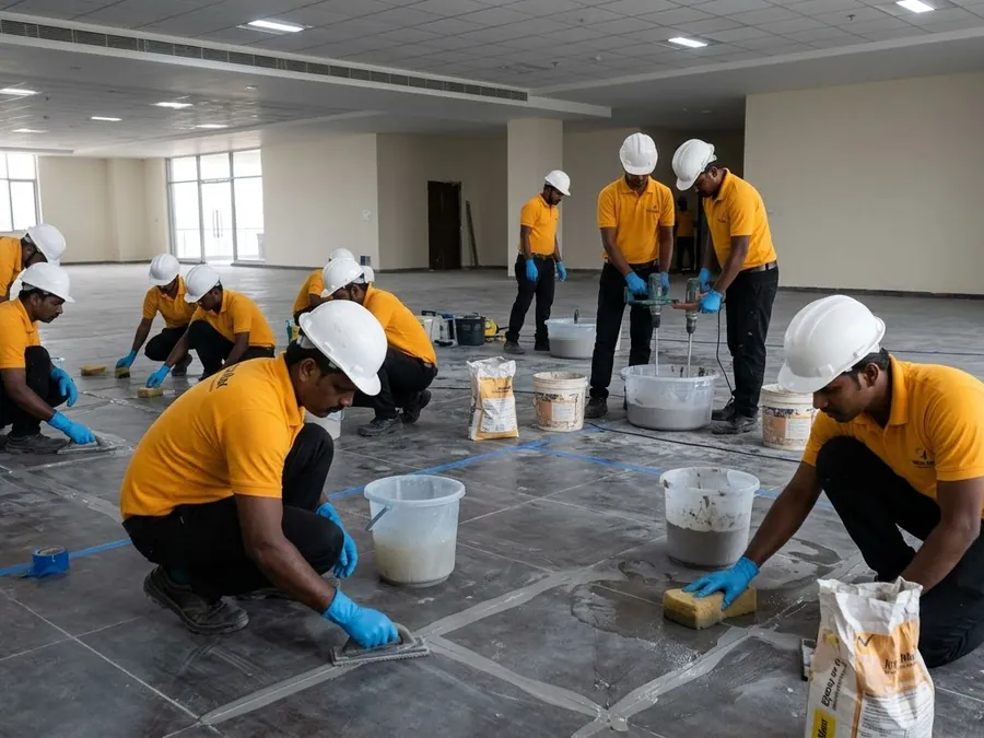 An Ultra Max crew grouting the tiled floor of a large open office, suspended ceiling and glazed wall behind them