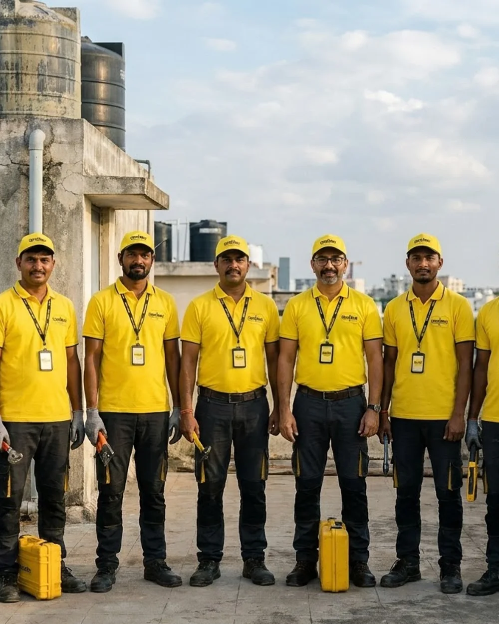 The Ultra Max crew, nine technicians in uniform, on a Bengaluru apartment terrace