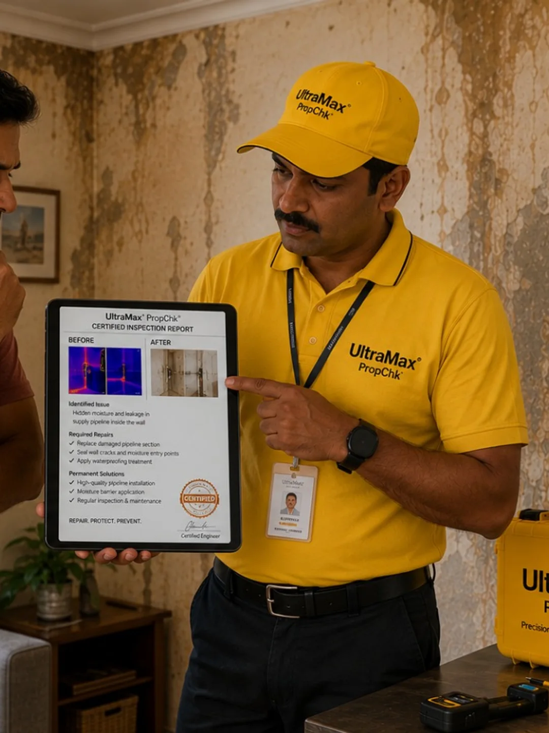 An Ultra Max PropChk technician showing a homeowner the inspection findings on a tablet beside a damp-damaged wall