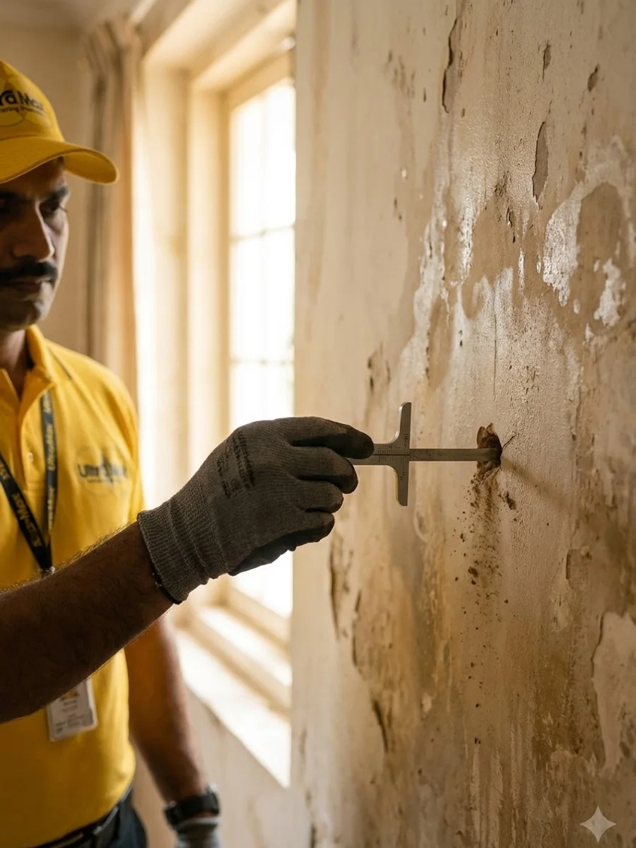 A technician holding a moisture meter against a damp-stained wall, its display reading 28.4 percent