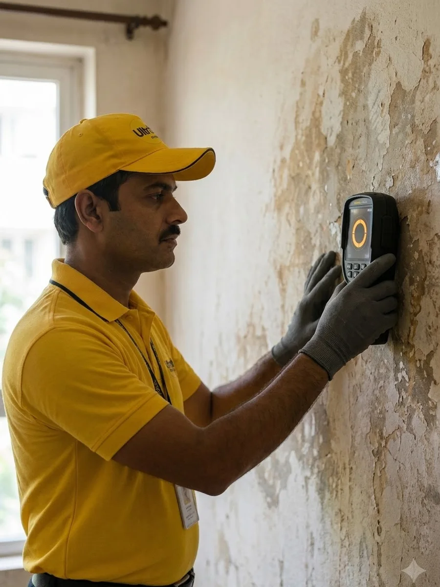 A technician pressing a wall scanner against damaged plaster, a target lock showing on its screen