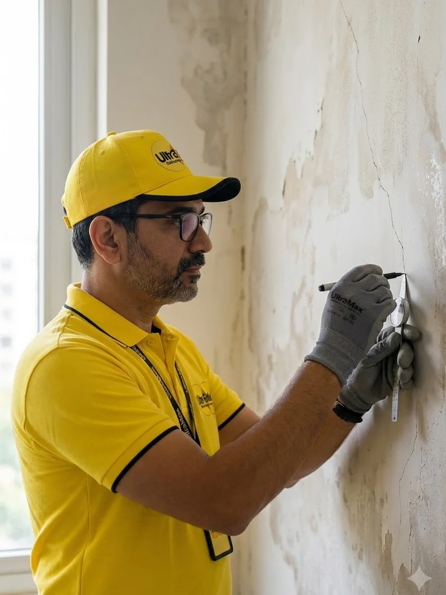 A technician running a probe along a crack in a wall while holding a crack-monitoring instrument