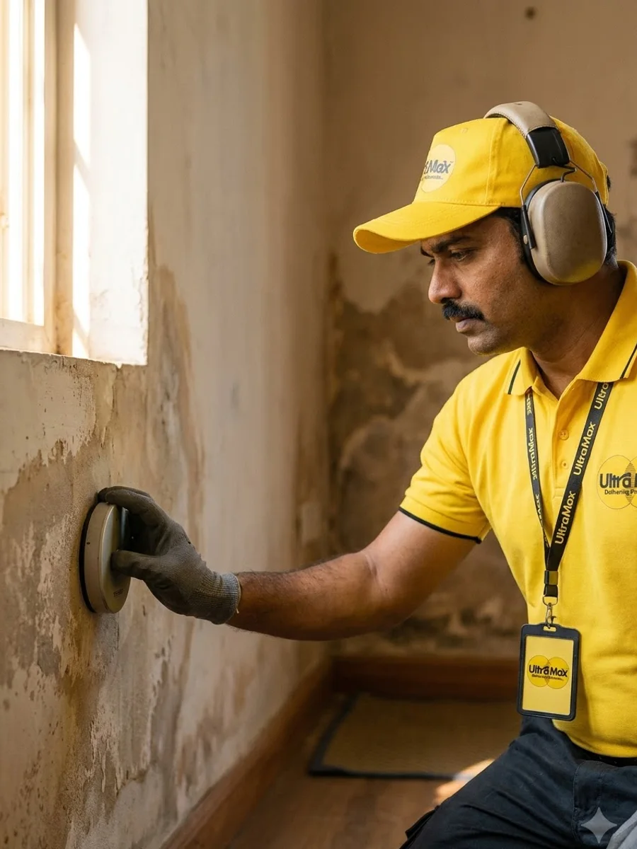 A technician kneeling at the base of a damp wall with a leak-locating instrument on the floor beside him
