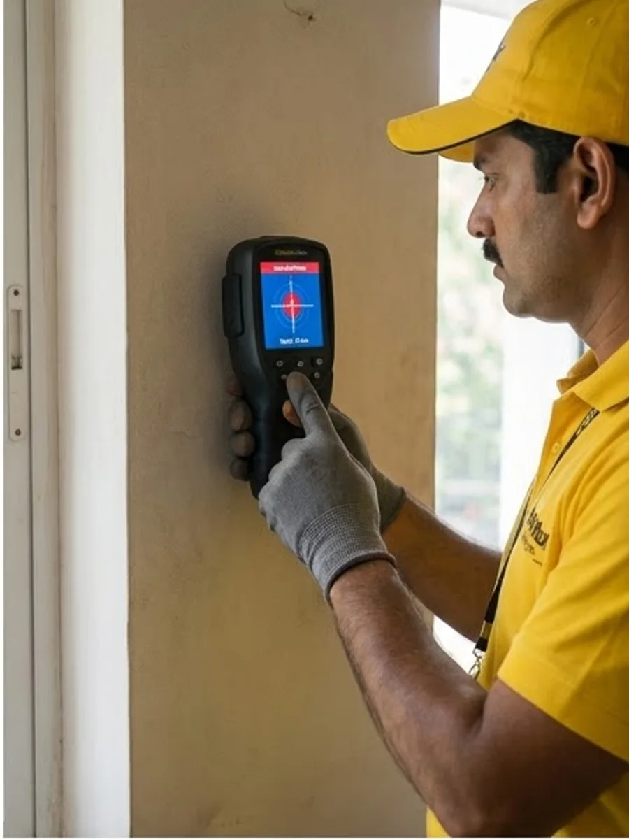 The PropChk instrument screen showing a leak location crosshair and a depth of 35 millimetres