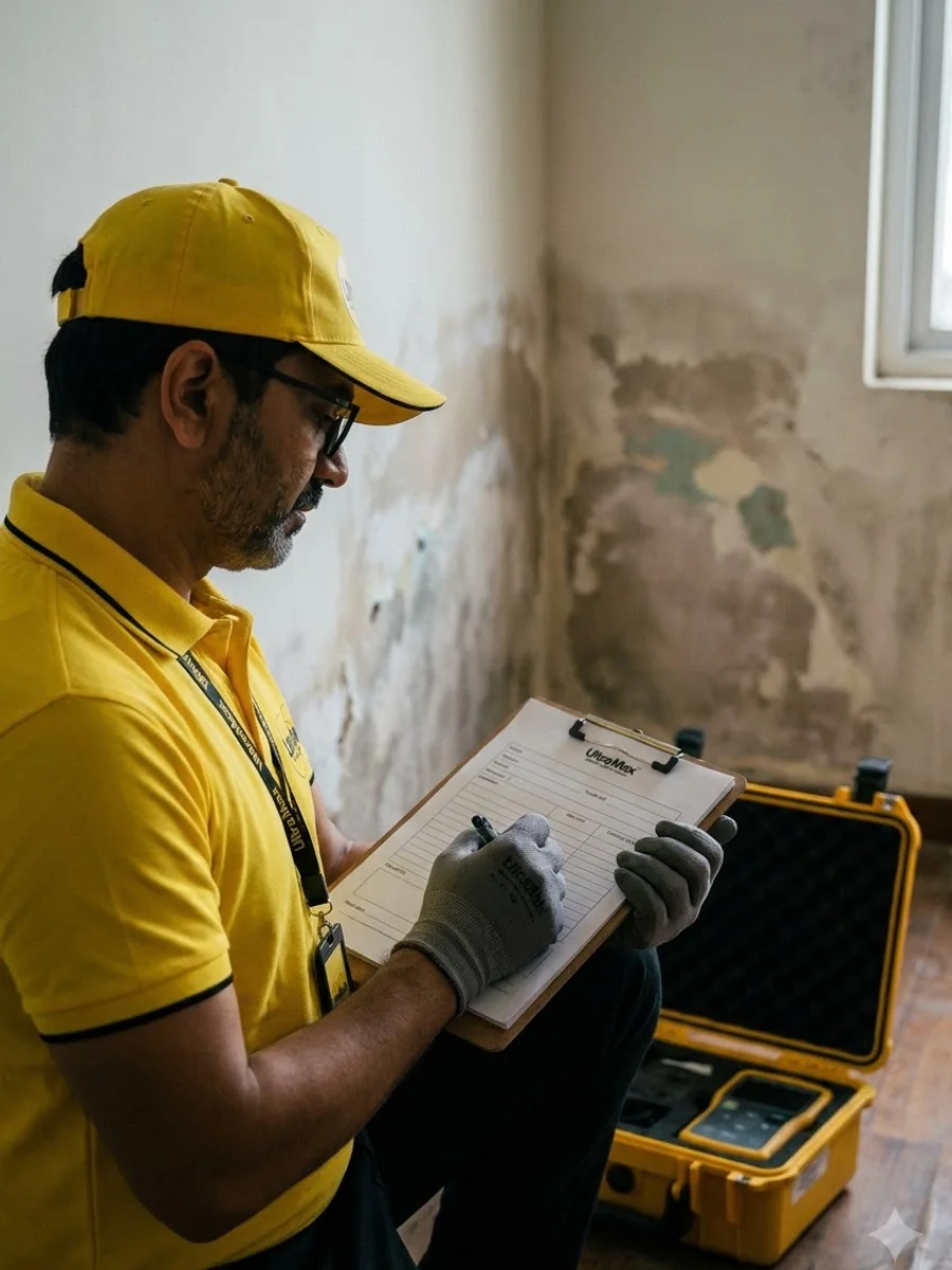 A technician showing the finished inspection report on a tablet to the homeowner, the opened wall behind them