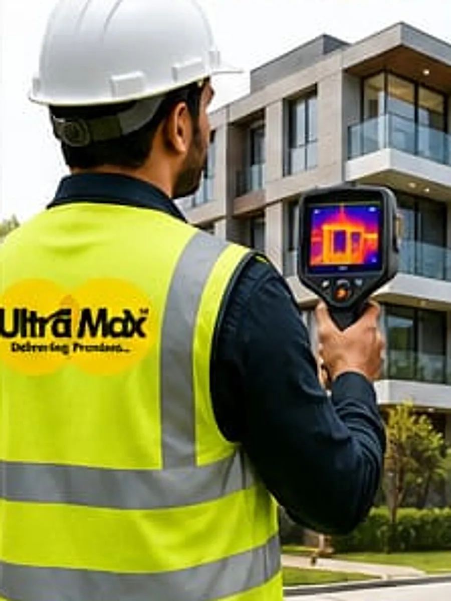 An Ultra Max engineer in a branded hi-vis vest and helmet aiming a thermal imaging camera at an apartment building, the camera screen showing a heat signature