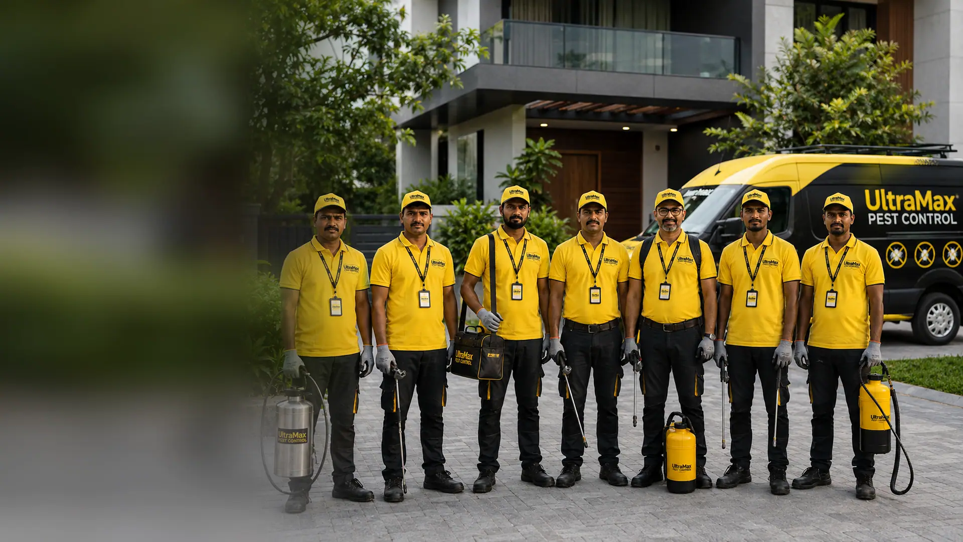 The Ultra Max pest control crew in branded uniform with their service van outside a Bengaluru home