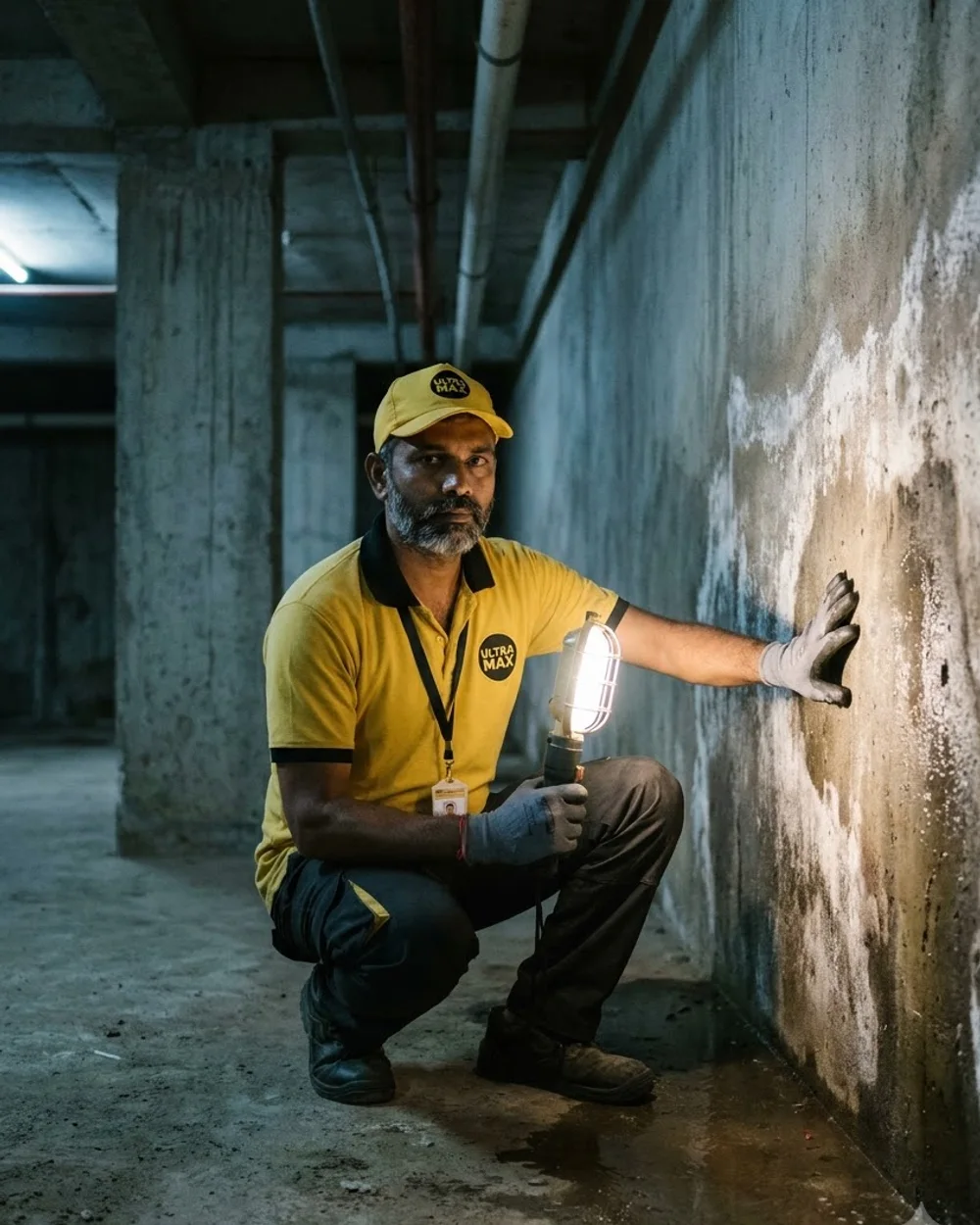 An Ultra Max technician inspecting a damp basement wall under work light