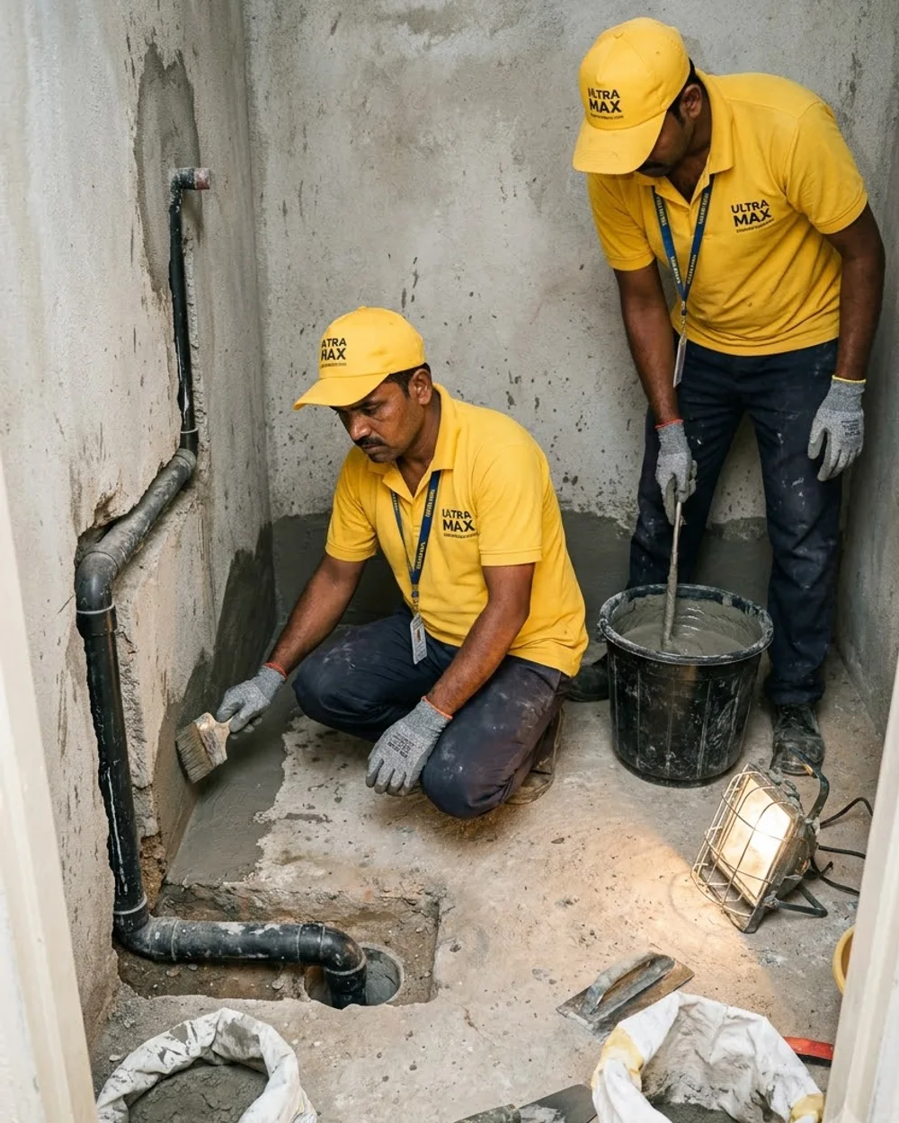 An Ultra Max crew waterproofing a stripped bathroom floor down to the slab