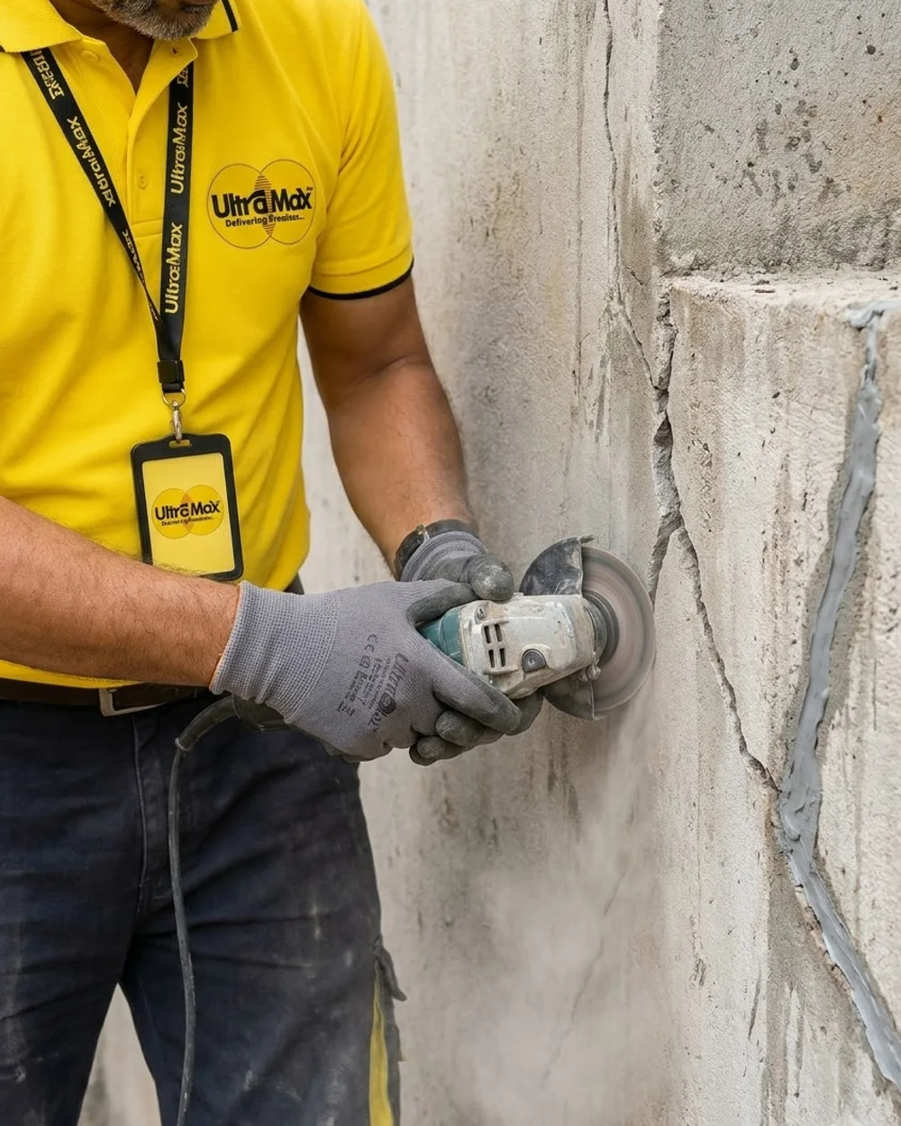 An Ultra Max technician cutting open a structural crack before filling it