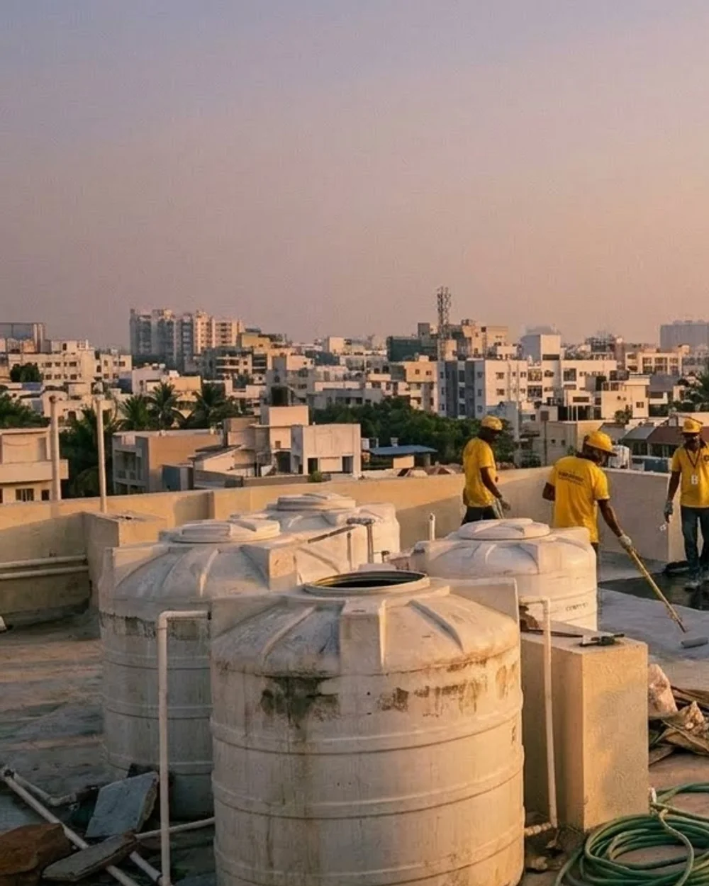 An Ultra Max crew carrying out terrace maintenance beside the water tanks