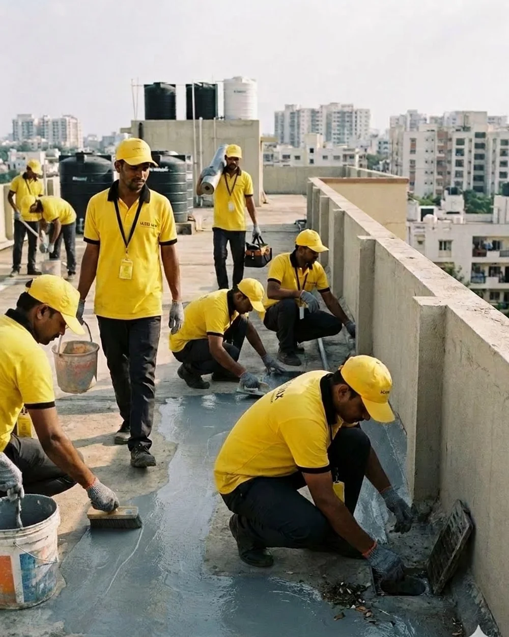 An Ultra Max technician spreading waterproofing material across an apartment terrace, Bangalore towers behind